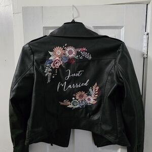 Chic Black Leather Jacket with Floral Embroidery